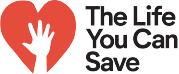 The Life You Can Save logo featuring red heart and hand raised within it